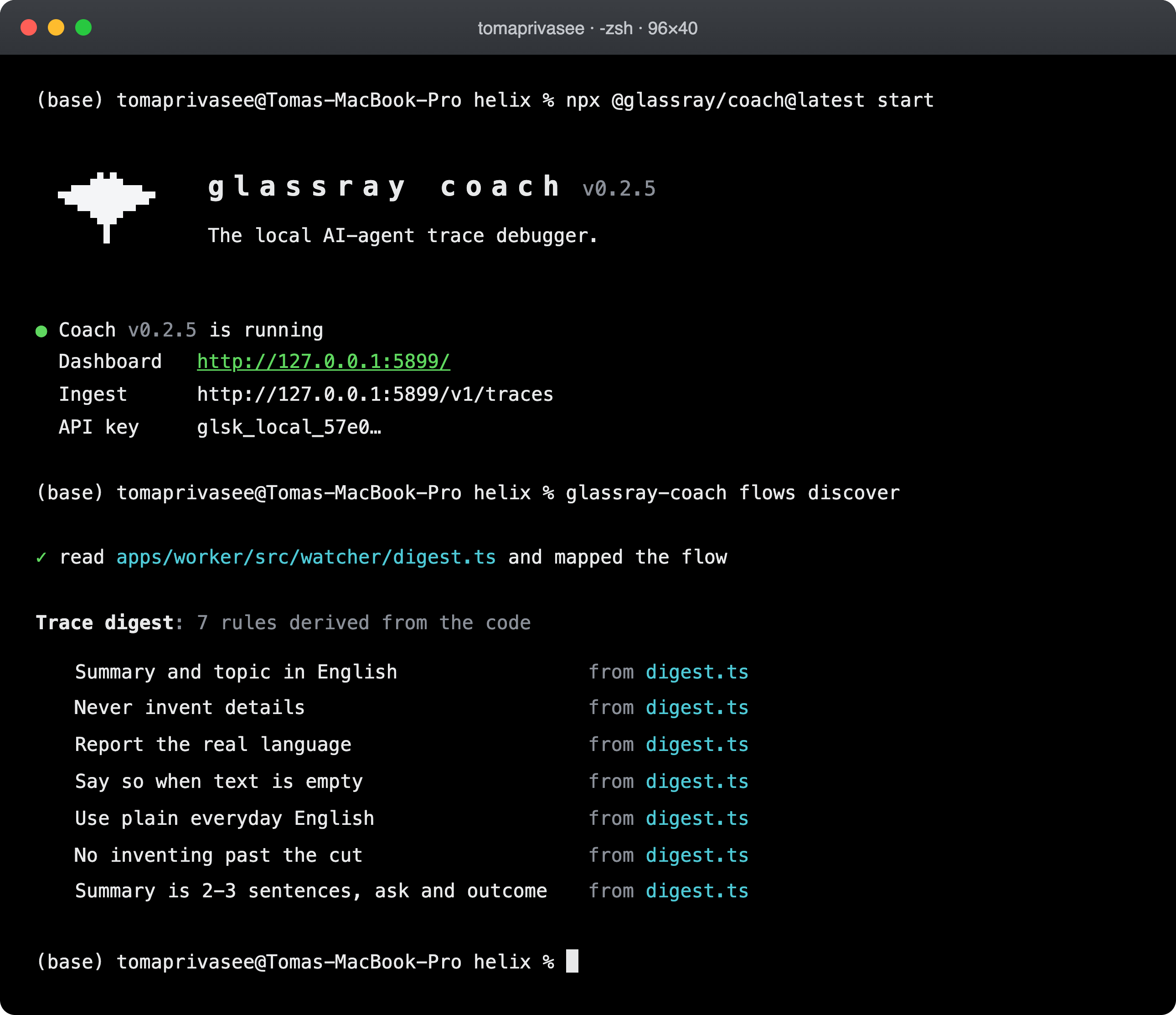 The Glassray Coach CLI running 'flows discover' on the digest flow. It reads apps/worker/src/watcher/digest.ts and lists seven rules derived from it, each labeled with its source file: summary and topic in English, never invent details, report the real language, say so when text is empty, use plain everyday English, no inventing past the cut, and the summary is 2-3 sentences covering the ask and outcome, all from digest.ts.
