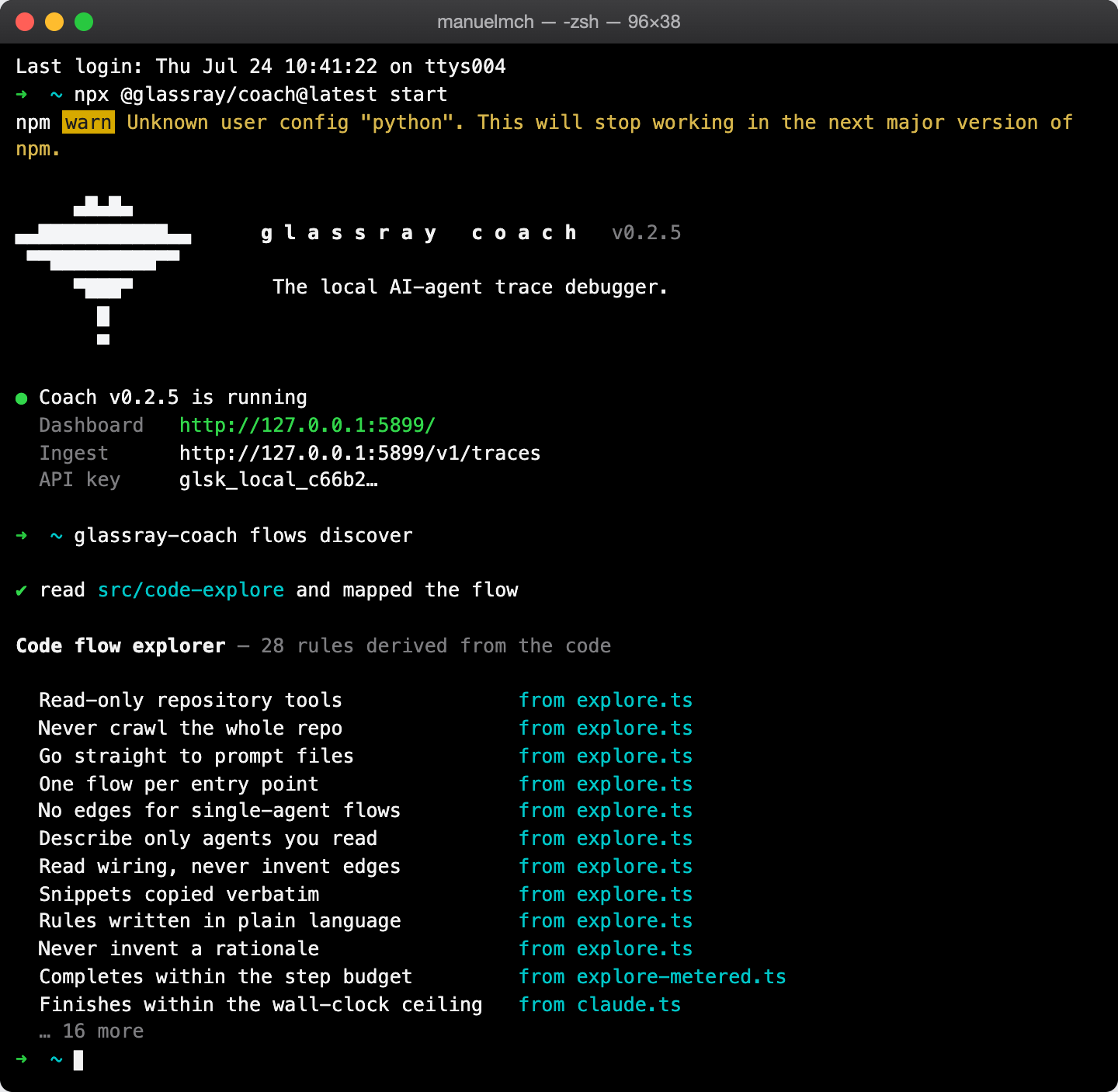 The Glassray Coach CLI starting up and running 'flows discover'. It reads src/code-explore and lists 28 rules derived from the code, each labelled with the source file it came from, for example 'Go straight to prompt files, from explore.ts'.